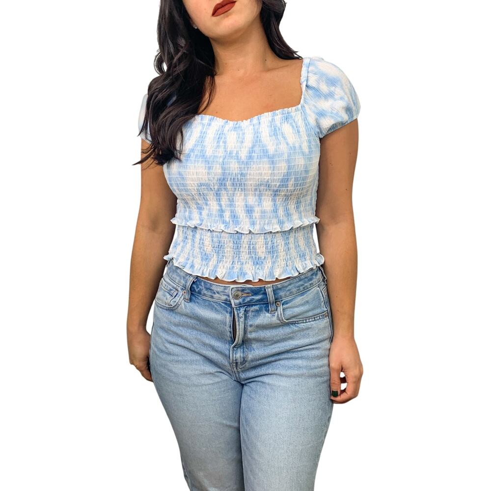 Lush Blue Swirl Puff Sleeve Smocked Top